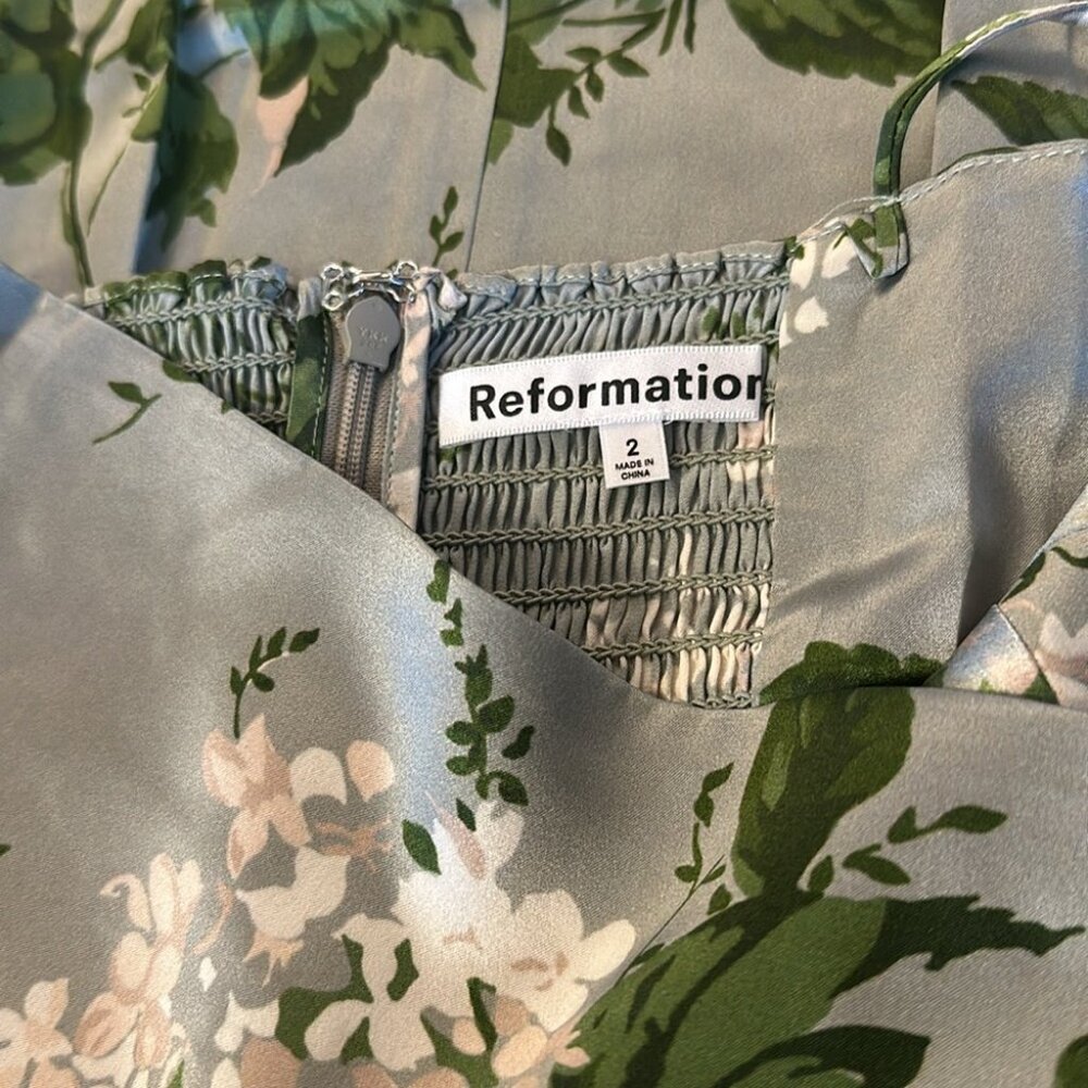 NEW Reformation Frankie Long Silk Dress in Tea Garden Green Floral | size 2 - Picture 7 of 12